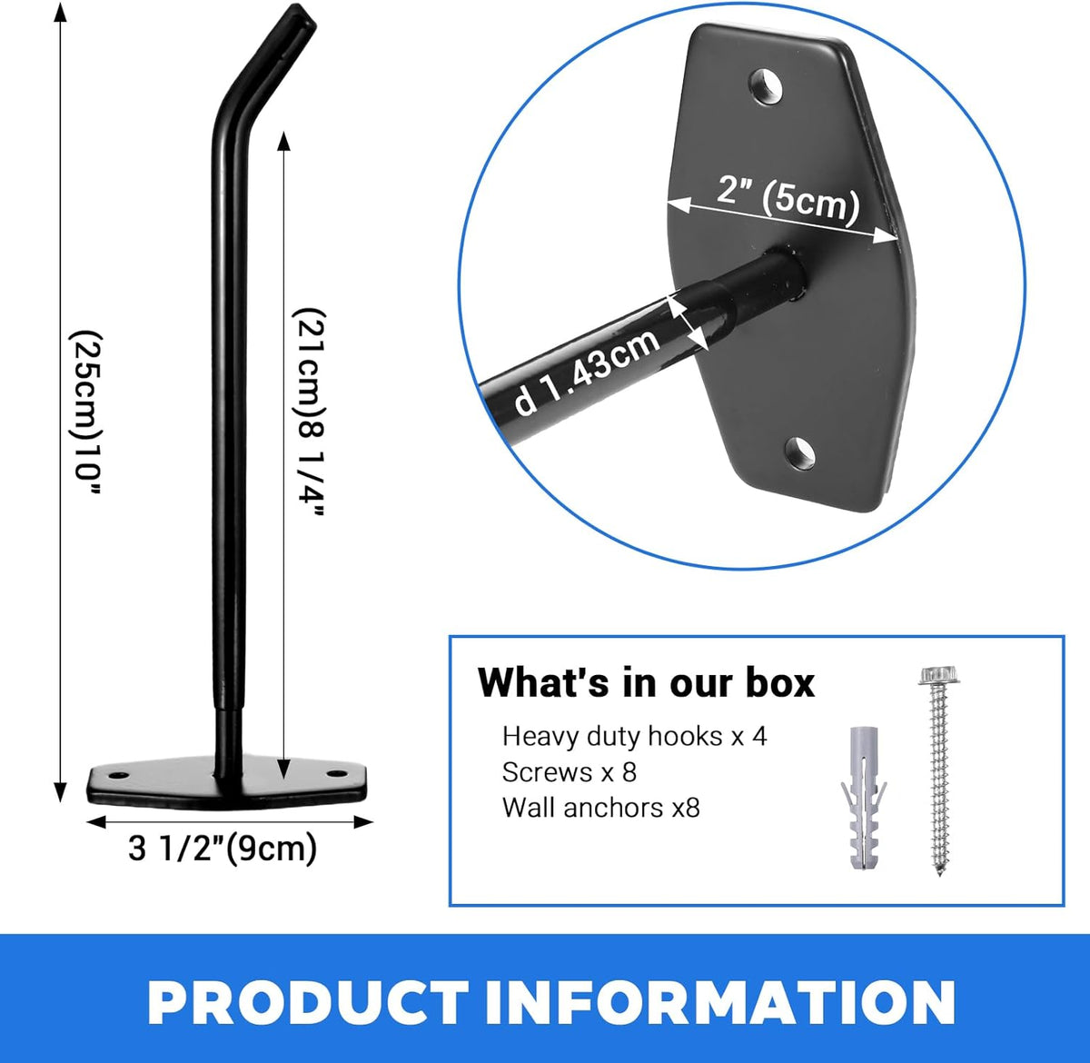 4-Pack Tire Rack Wall Mount, Heavy Duty Hooks for Storage - Garage Storage Hooks Wall Mount for Ladders, Tools & Bulk Items (88 lbs Capacity, 10"x 3.5" Black Iron)