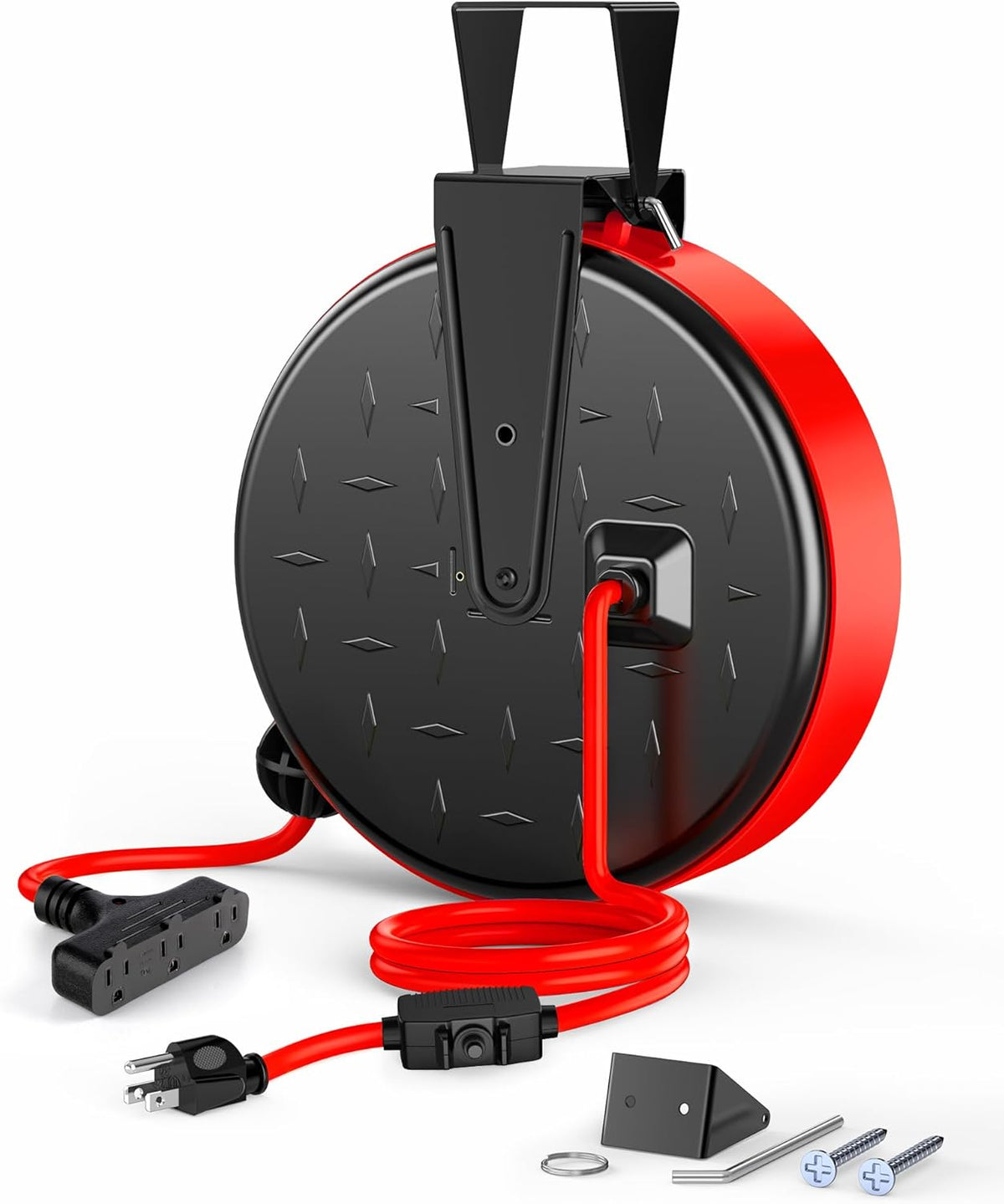 DEWENWILS 30FT Extension Cord Reel, 16/3 Gauge SJTW Power Cord, Retractable Cord Reel with 3 Outlets, Ceiling/Wall Mount for Garage, Workshop, 10A Circuit Breaker, Metal Plate, UL Listed, Red