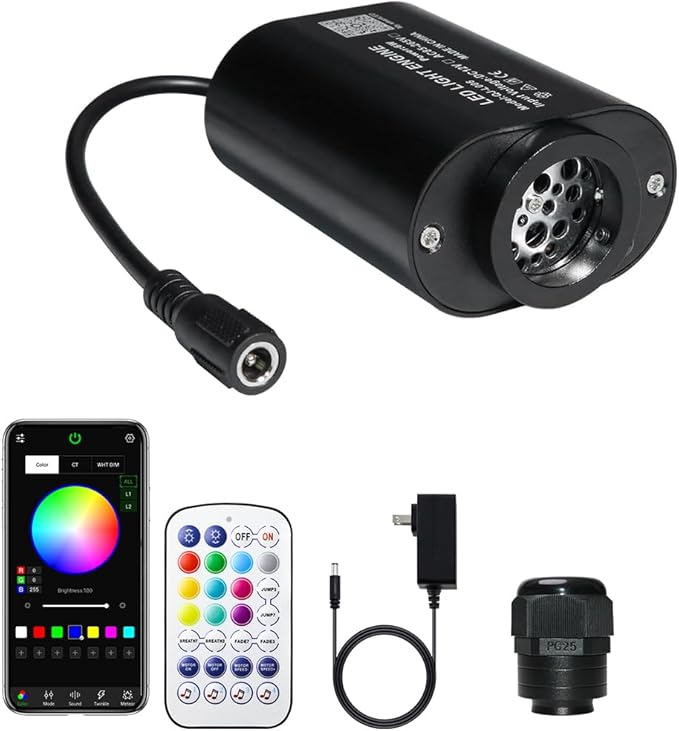 AZIMOM Mini 6W Twinkle Fiber Optic Starlight Box Sound Activated RGBW Fiber Optic Light Source APP/Remote Control Light Engine Driver for Car Home Ceiling Star Lighting Decor