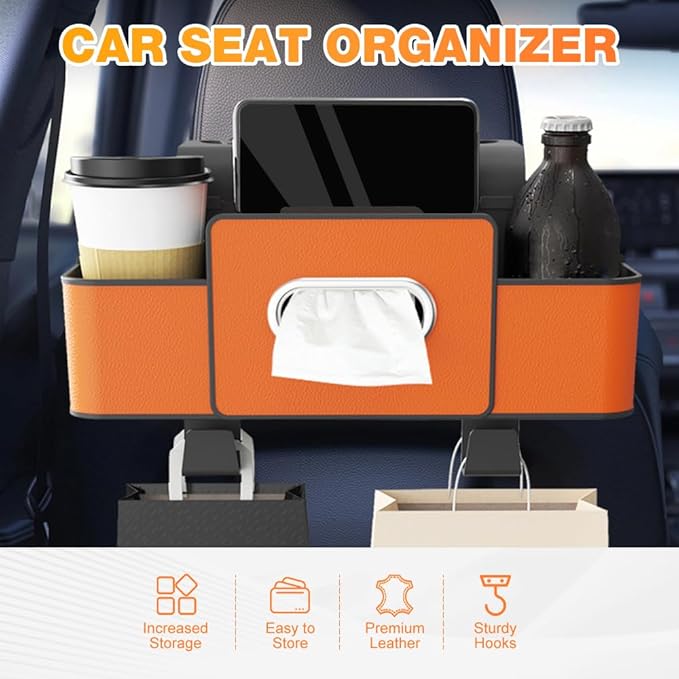 Back Seat Car Organizer,3 in 1 Car Backseat Storage Box with Cup Holder,Tissue Box,Trash Bin&Hooks,Multifunctional Waterproof Storage for Hold Phones Snacks Drinks Handbags (2, Orange)