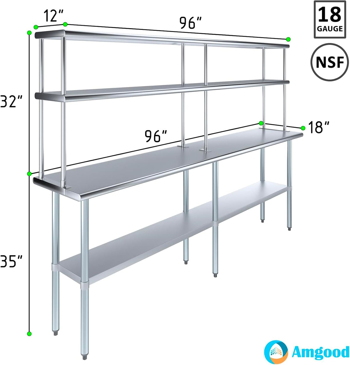 Amgood Stainless Steel Work Table Double Tier Overshelf | Metal Kitchen Prep Table & Shelving Combo (18" x 96" Work Table + 12" Overshelf)