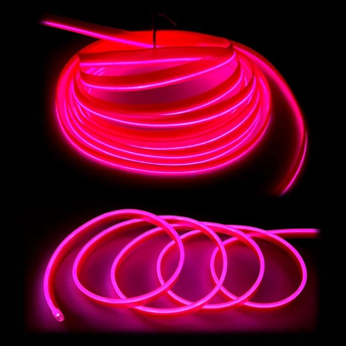 MaxLax Pink LED Neon Car Interior Lighting Strip - 3 Meter Flexible 12V EL Wire with Built-in Fuse Protection for Automotive Interior Customization, Featuring 6mm Sewing Trim for Easy Installation.