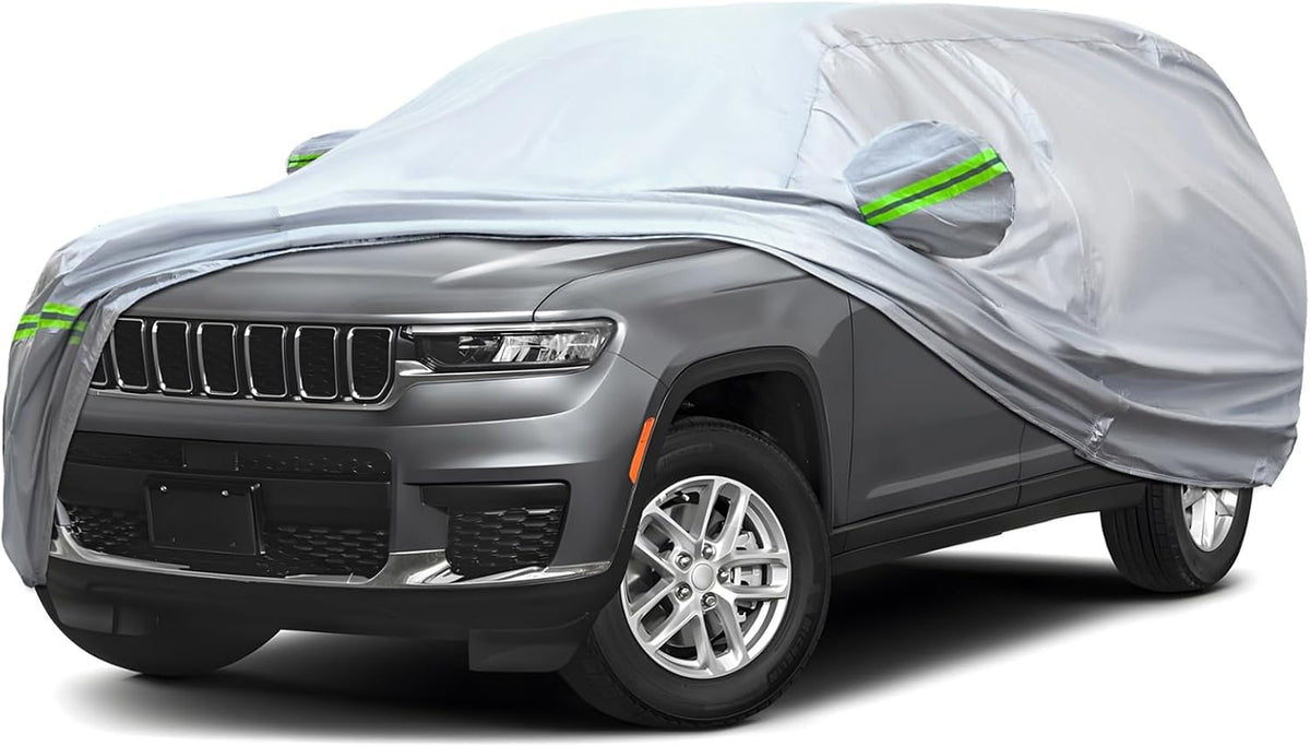KEYOOG 6-Layer Full Car Cover is All-Weather Waterproof, Universal in All Seasons, Snow Prevention, Rainproof, Acid Rainproof, Sunscreen, Ultraviolet-Proof, Fit SUV 205"-216" Green Reflective Strip