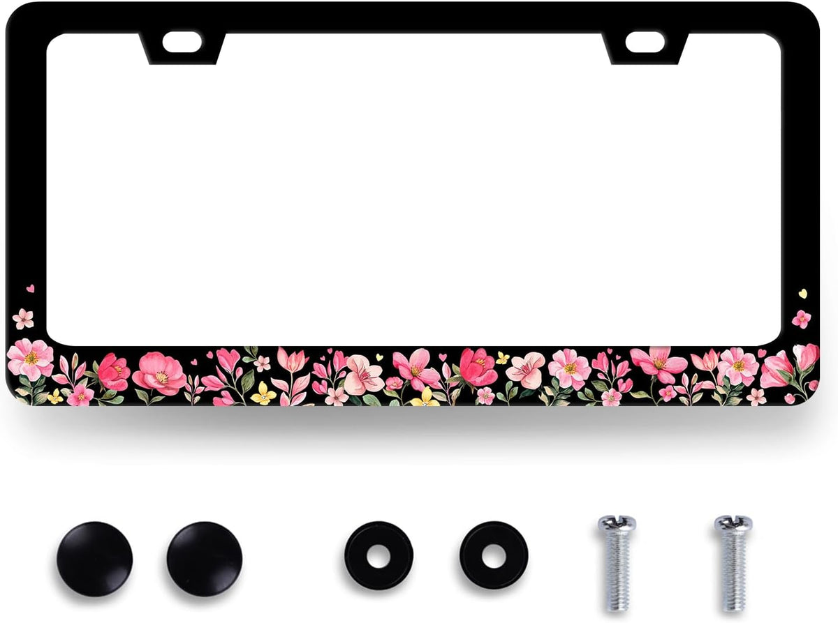 Pink Flowers License Plate Frame Colorful Floral Flower License Plate Stainless Steel Women Accessories Cars Decor 12.2 X 6.2 Inch with 2 Holes and Screws Fits Standard Us Ca Vehicles