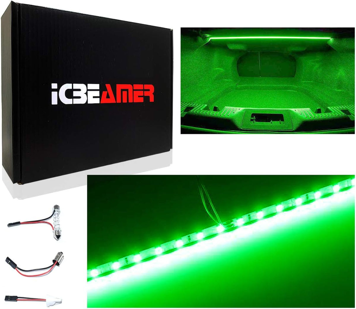 ICBEAMER 12" Green 18 SMDs 2835 LED Strip Light Universal Fit Car Trunk Cargo Area or Interior Illumination