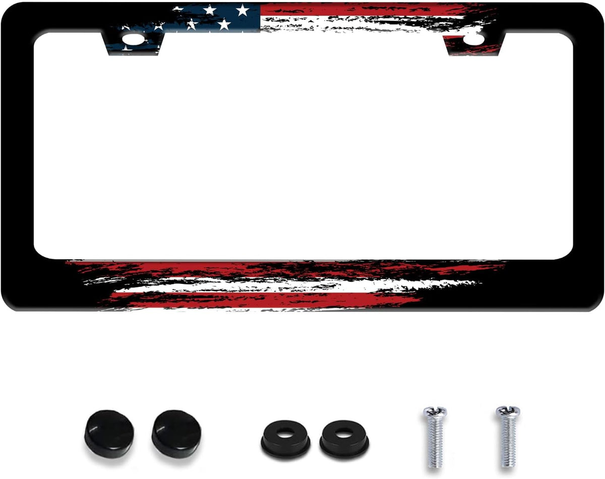 Personalized License Plate Frame American Flag Stainless Steel Accessory Patriotic License Plate Holder Funny Car Decorative 2 Holes Screws Fits Us Standard License Plates 12.2 X 6.3 in for Men Women