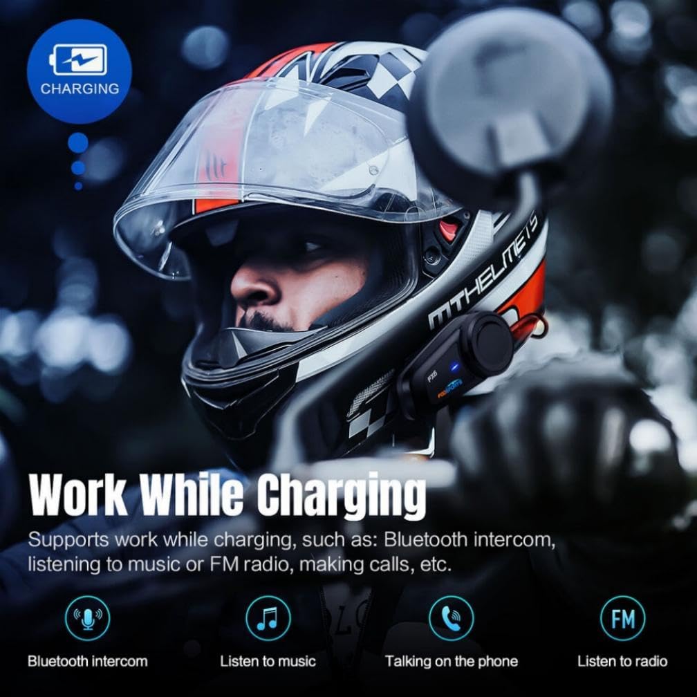 Fodsports FX6 Motorcycle Bluetooth Headset 2 Pack, 6 Riders Group Motorcycle Intercom Bluetooth, 1000M Motorbike Helmet Communication Systems/Voice Command/Universal Pairing/FM Radio