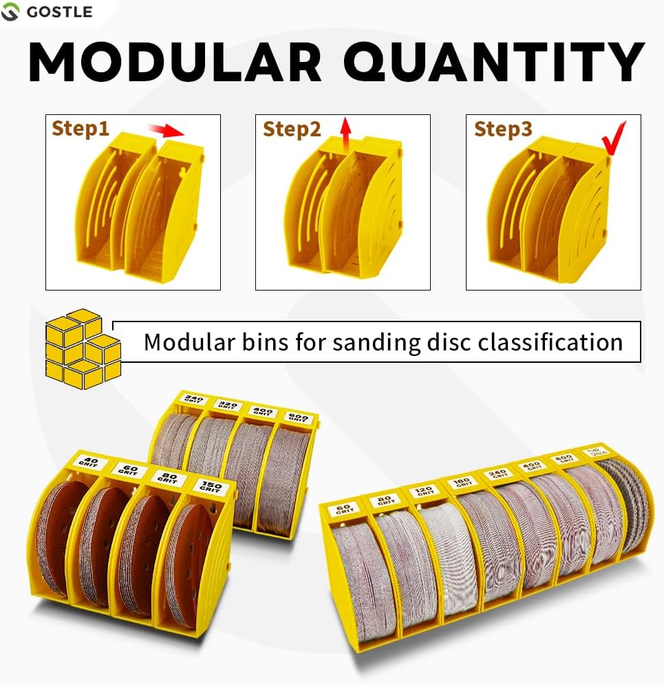 5 Inch Professional Sanding Discs Storage Bins - 6 Bins Set for Efficient Organization, Offset Snap-On Connection, Grit Classification, Space-Saving Design and Versatile Application, Yellow
