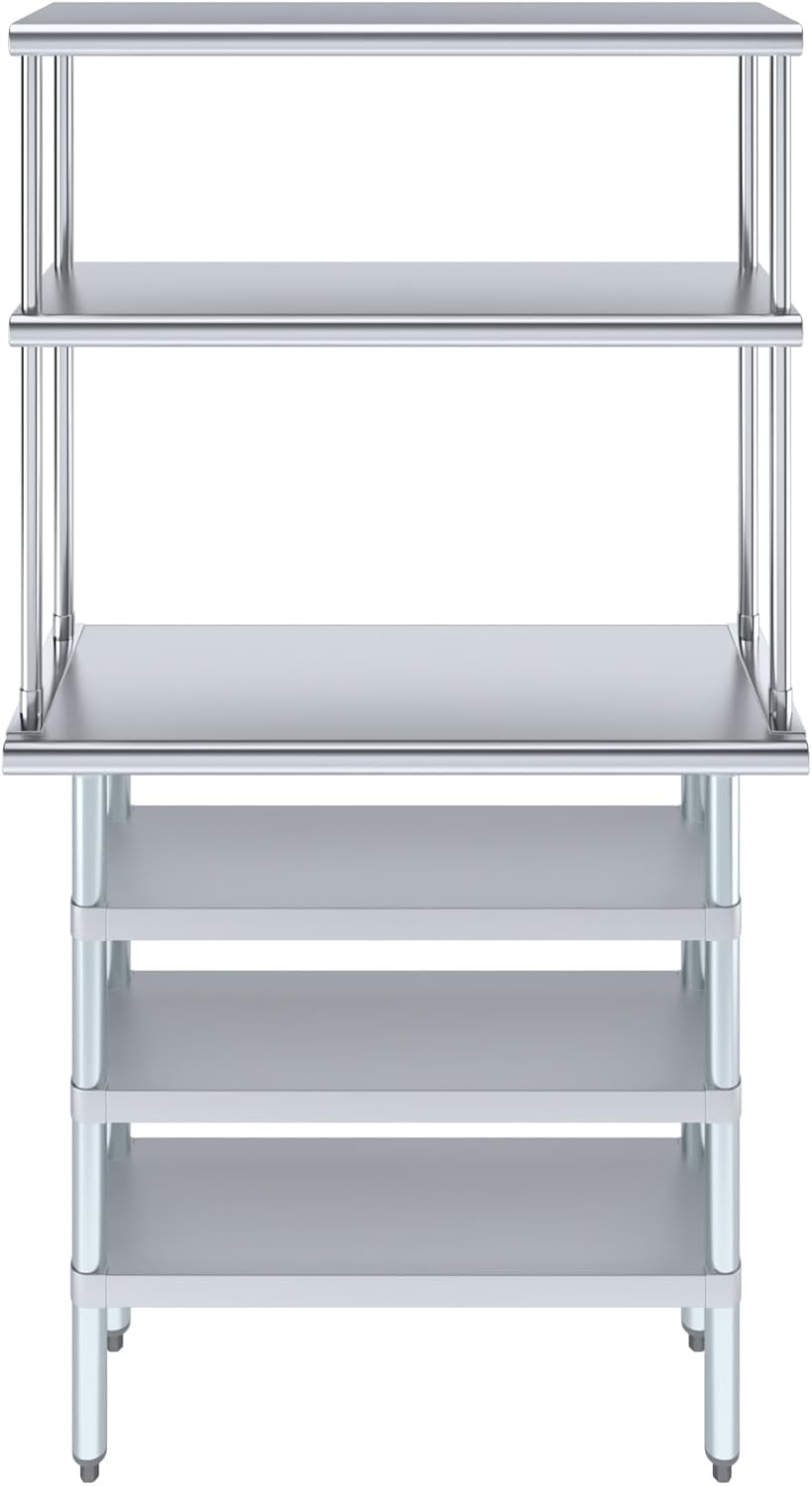 Amgood 14" x 36" Stainless Steel Work Table with 3 Shelves and 12" Wide Double Tier Overshelf | Metal Kitchen Prep Table & Shelving Combo | NSF