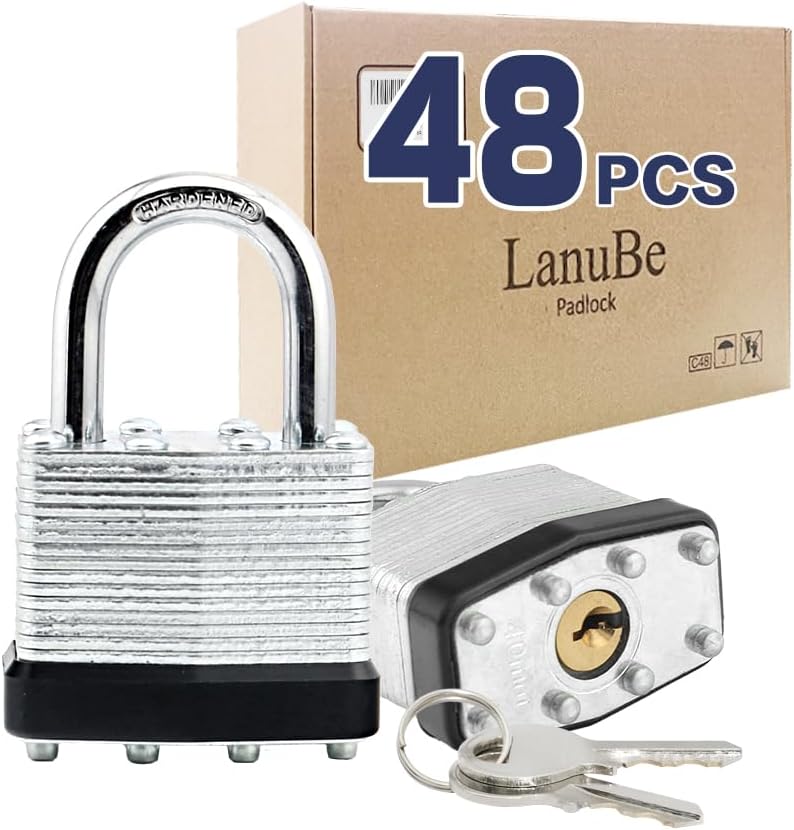 LanuBe Lock Laminated keyed Padlock (1-9/16", 40mm), keyed Alike Locks, Normal Shackle,Marked Black Plastic Hoop, Pack of 48