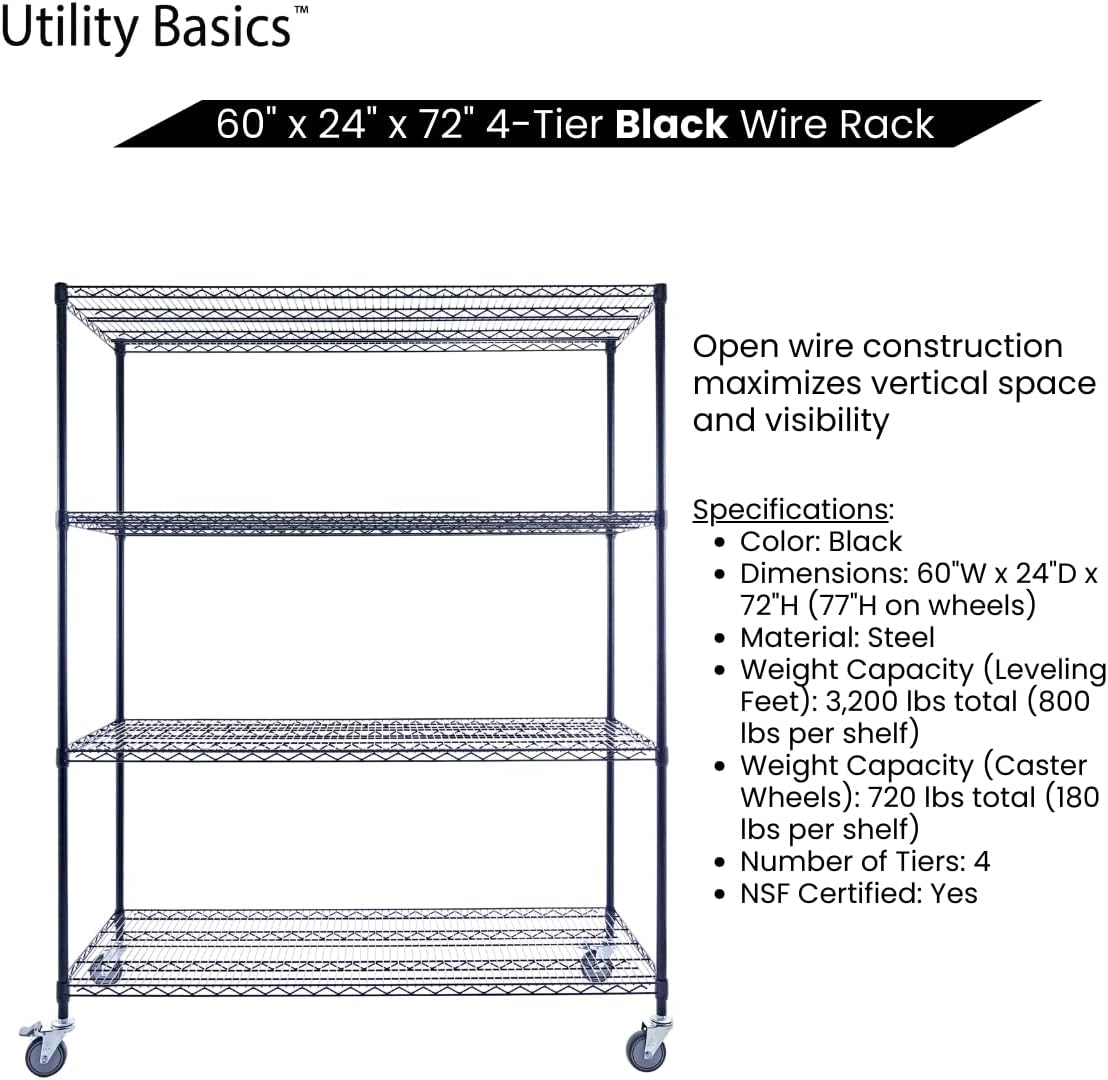 60"x24"x72" Premium Metal Steel 4-Tier Wire Shelving NSF 3200 LBS MAX Capacity Heavy Duty Storage Rack for Hospitals, Schools, Commercial Spaces, and Garages w/Premium Wheels