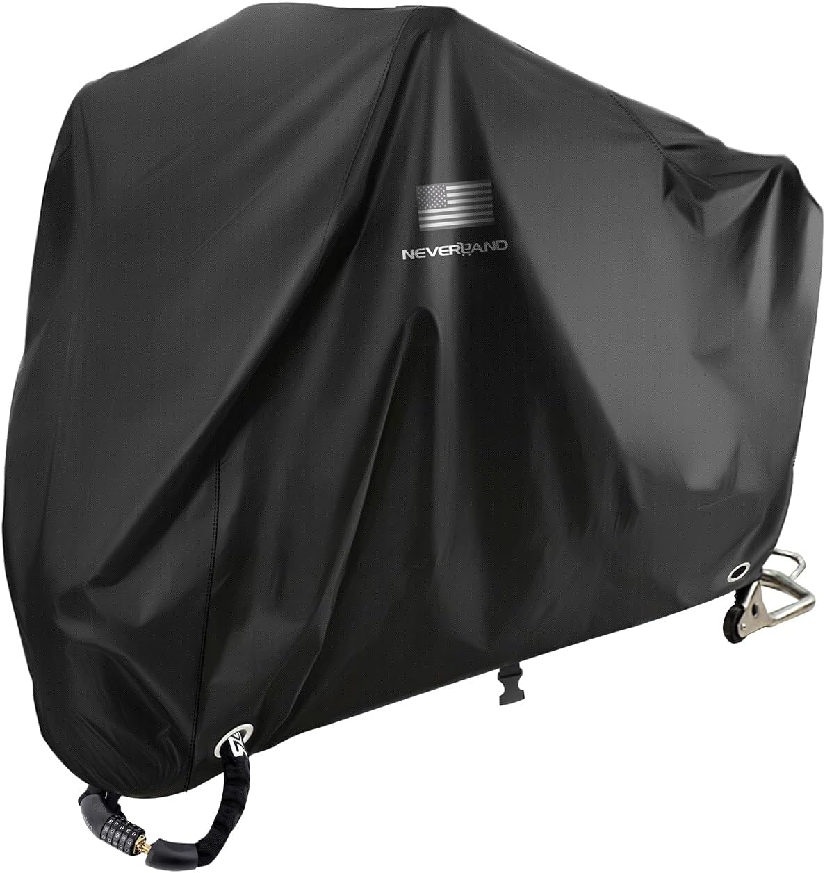 NEVERLAND Motorcycle Cover Waterproof Outdoor - Black Heavy Duty Scooter Cover, Motorbike Cover with Refletive Logo, Lock-Hole, Bandage, Storage Bag-Protect Against Dust, Debris, Rain (XXXL)