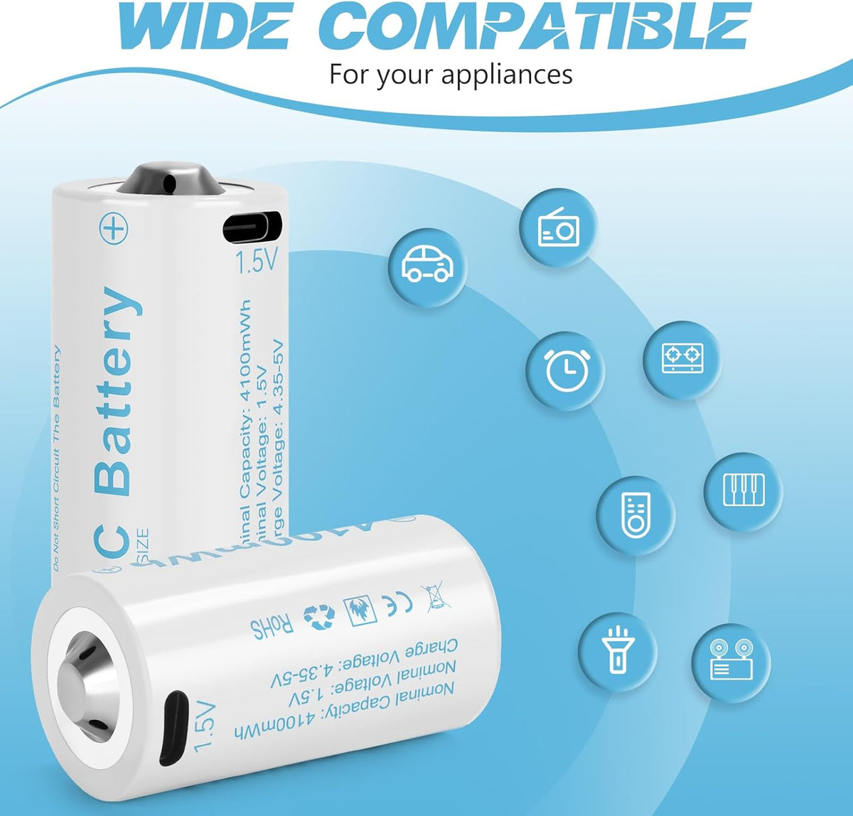 Rechargeable Lithium C Battery 4 Pack, Batteries c Size，Long Lasting1.5V C Batteries Rechargeable with 4 in 1 USB-C Charge Cable for Television Remote, Flashlights