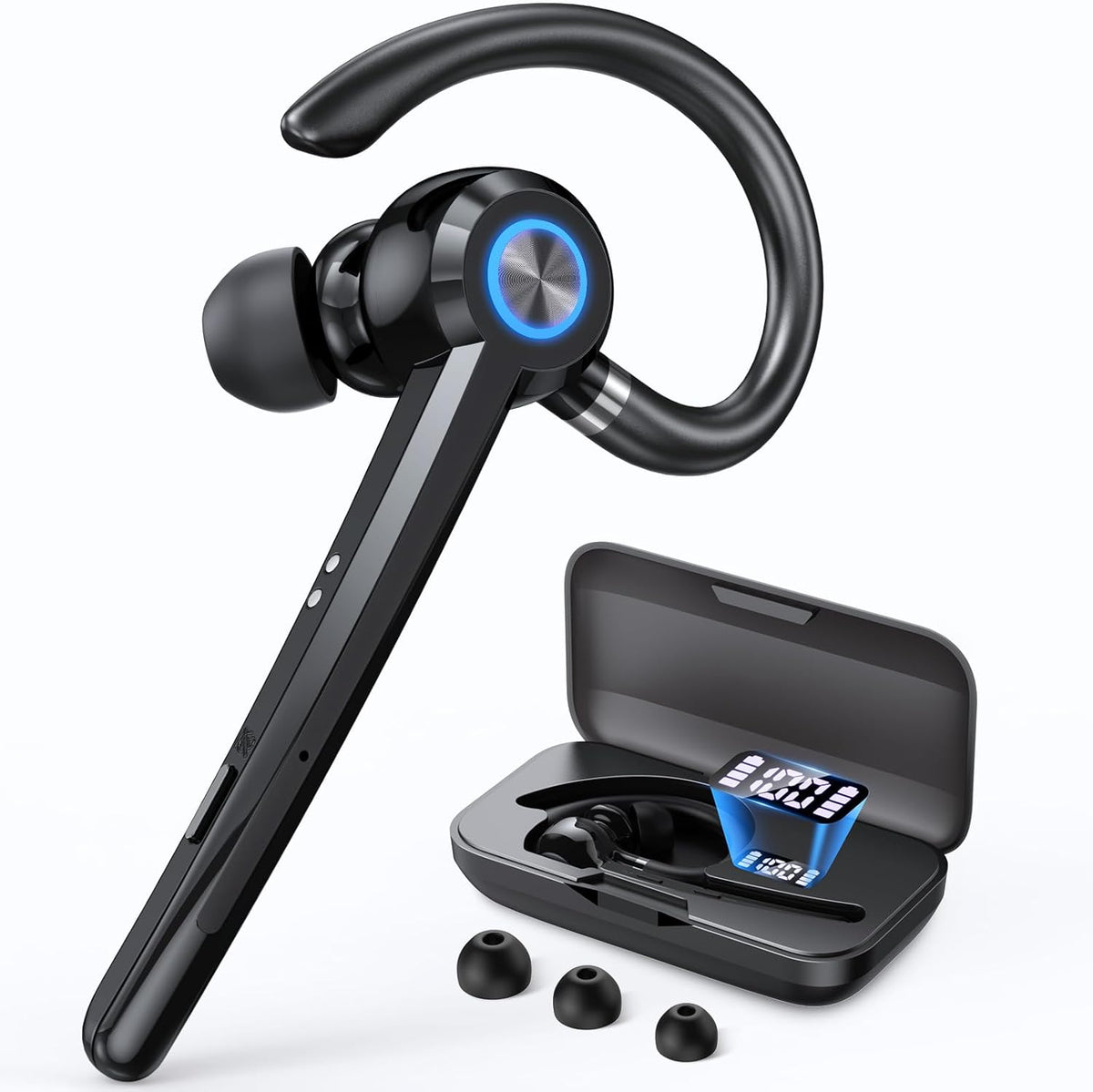 Bluetooth Headset with Microphone,V5.4 Bluetooth Earpiece with Charing Case 150H Standby Time Hands Free Headset with Noise Canceling for Work Business Office Trucker(Black)