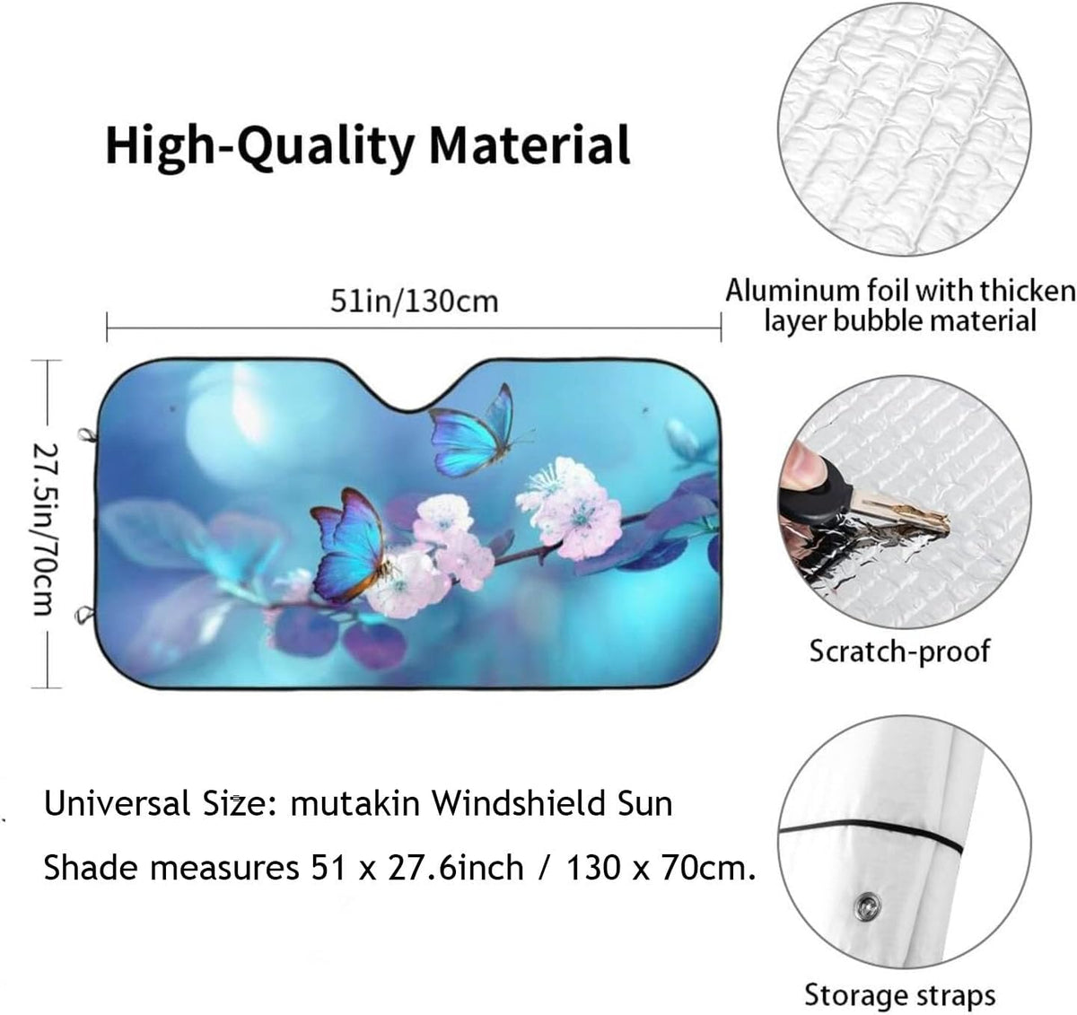 Blue Butterfly Flower Car Windshield Sunshade Front Window Sun Visor Protector Foldable Shield Cover for Truck SUV