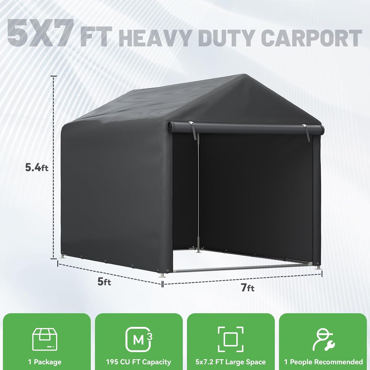 EROMMY 5x7 FT Carport Storage Shed, Heavy Duty Outdoor Storage Shed with Rolled up Zipper Door, Carport Canopy for Motorcycles, Bikes and Outdoor Tools
