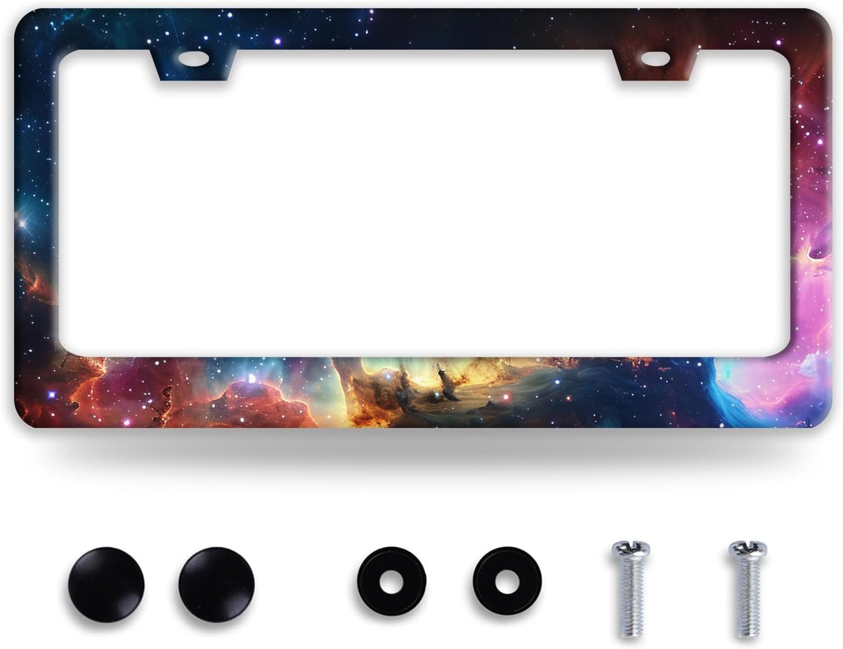 Beautiful Galaxy License Plate Frame Funny Universe License Plate Frames Stainless Steel Accessories Cars Decor with 2 Holes and Screws Fits Standard Us Ca Vehicles License Plate Holder 12.2 X 6 Inch