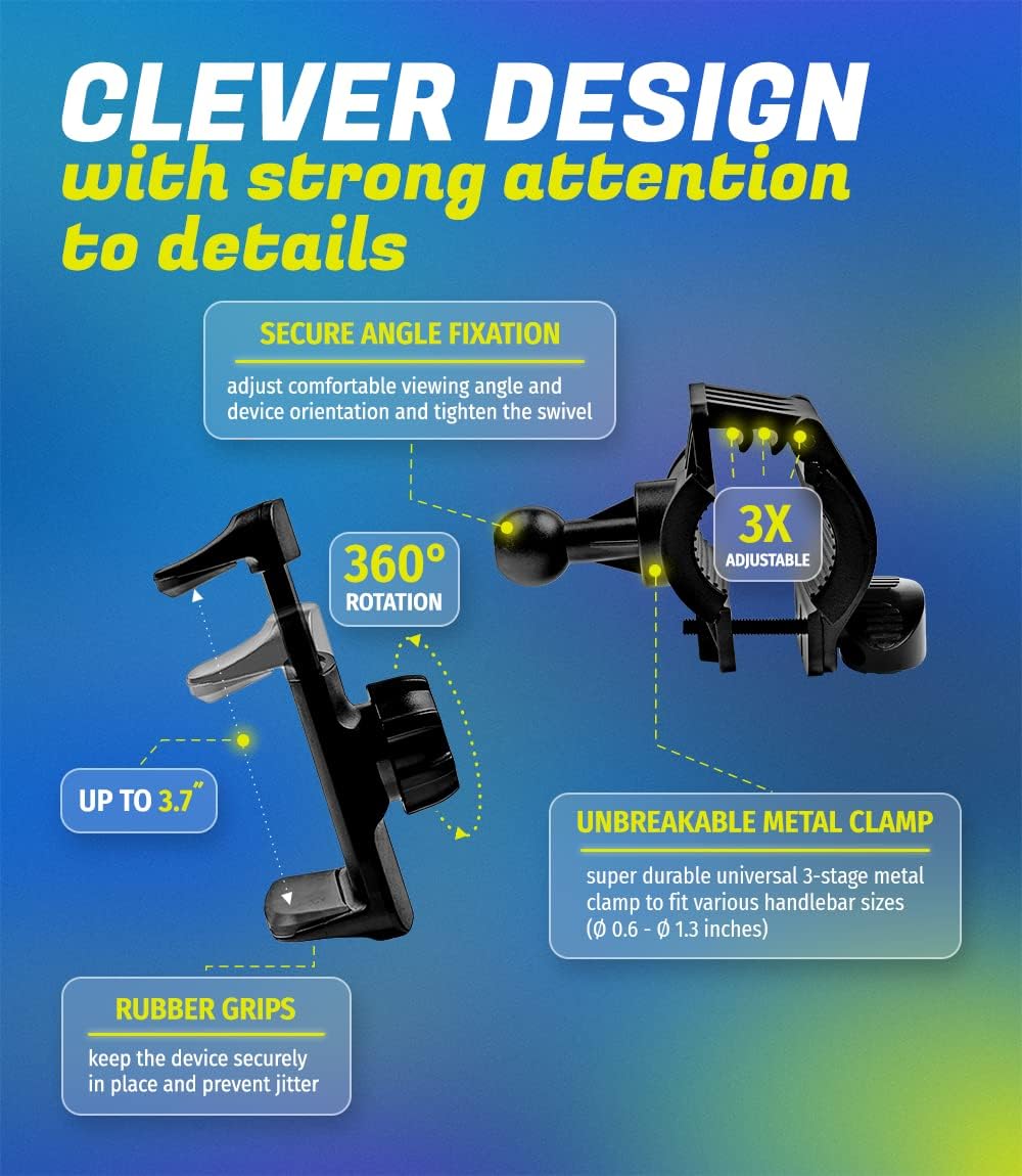 Metal Bike & Motorcycle Phone Mount for Any Smartphone (iPhone 16 Pro Max/e, Galaxy S25). Unbreakable Handlebar Cell Phone Holder for Bike, Scooter, Bicycle Phone Mount. x10 to Safeness & Comfort