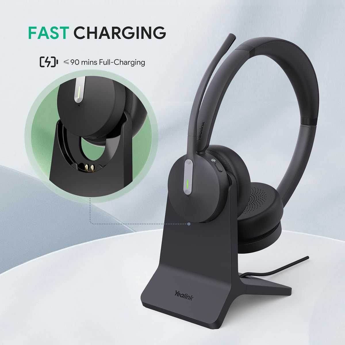 Yealink BH70 with Stand Wireless Bluetooth Headset with Microphone for Work, up to 35h Talking Battery Life, 3 Noise Cancellation Mics, Teams Certified, ≤90min Fast Charging, NO Power Adapter Needed