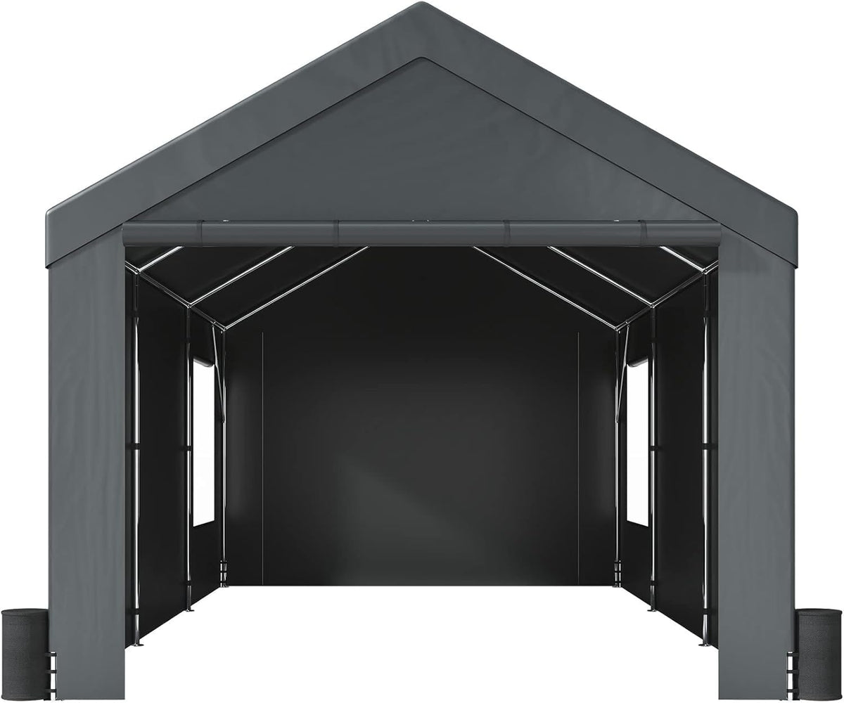 Auraway Carport 12'x20' All-Season Portable Garage Carport, Heavy-Duty Canopywith Roll-Up Vent Windows, Front and Rear Zip Doors, Sandbags, for Cars, Motorcycles and Outdoor Storage (Grey)