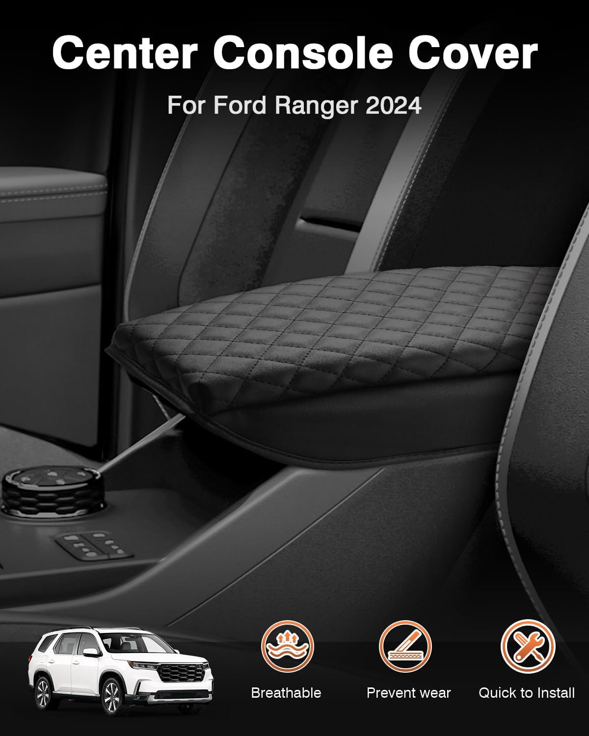 Shademax Center Console Cover for Ford Ranger 2024 2025 2026 Accessories, Ranger Armrest Cover Cushion Pad Middle Console Cover Armrest Seat Box Protector PU Leather Anti-Scratch Black