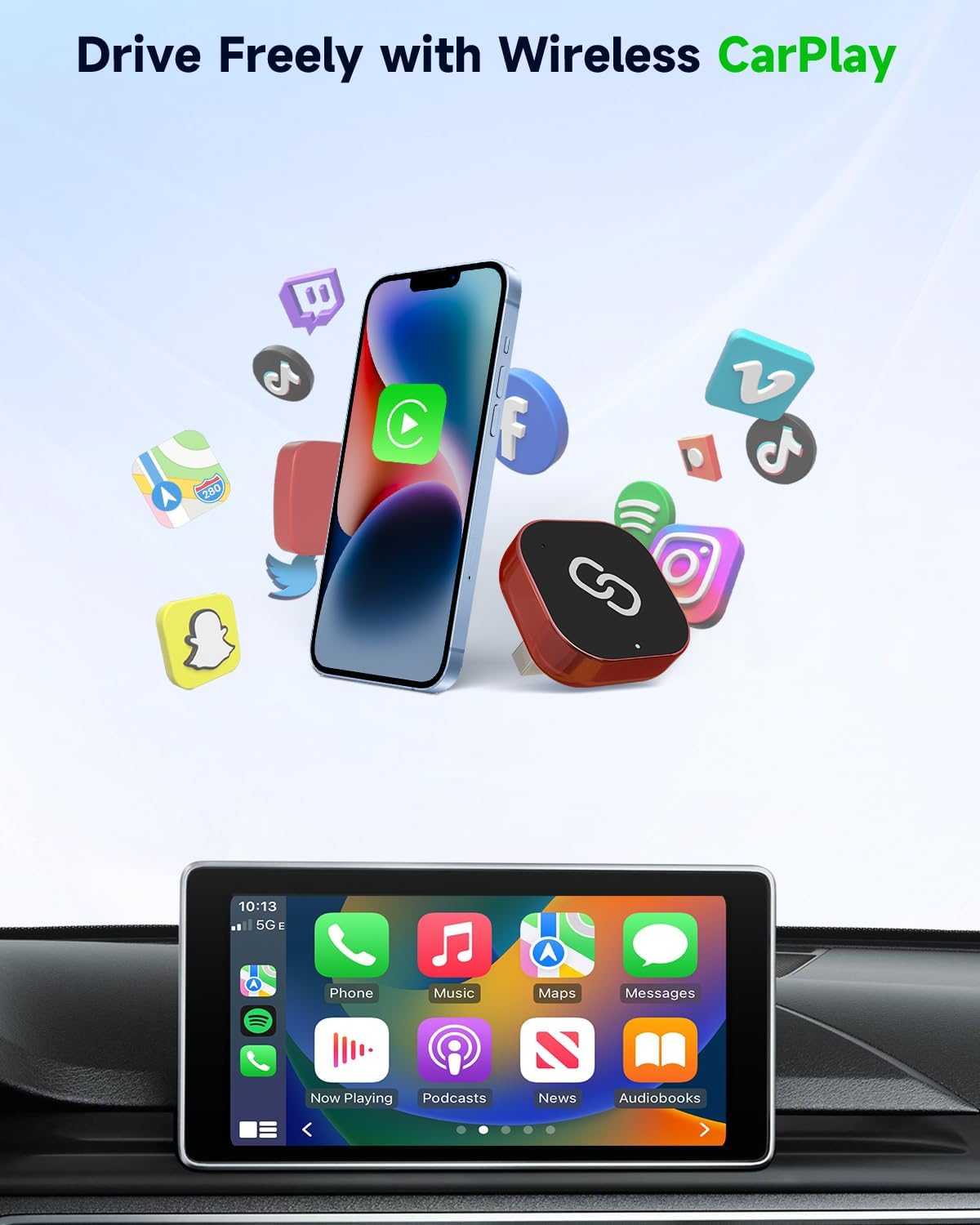 Spedal Wireless CarPlay Adapter for Factory Wired CarPlay – Plug & Play, Auto Reconnect, Mini Metal Design with USB-A & USB-C Cables – Compatible with iPhone 6+ and Cars from 2016 (Red)