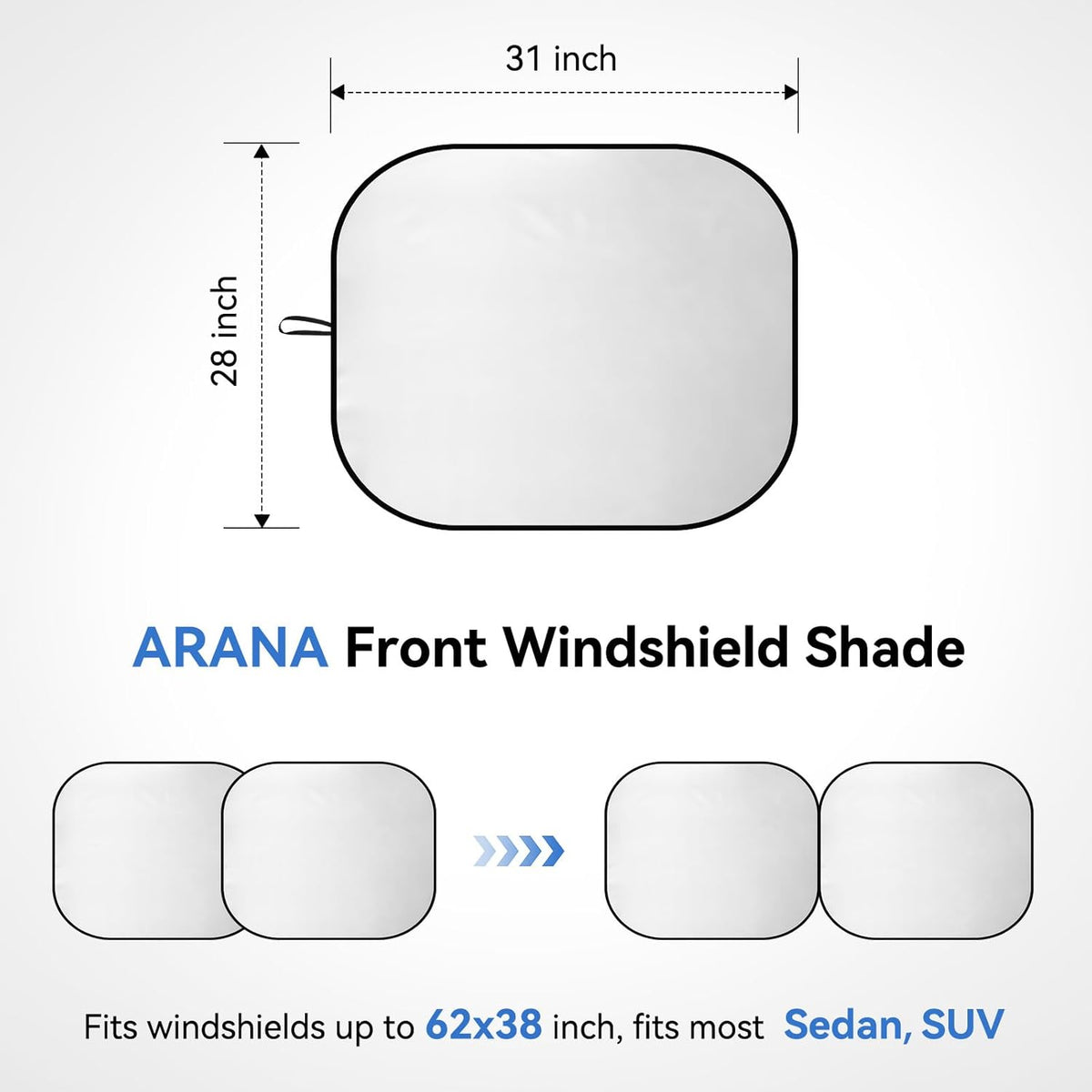 ARANA Car Windshield Sun Shade 2 Piece丨240T Thickened Front Window Sunshades Blocking 99% UV & Heat丨2025 Upgrade Sun Visor Keeps Car Cool丨Universal Fit for Sedan, SUV, Truck, Medium 31"x28"