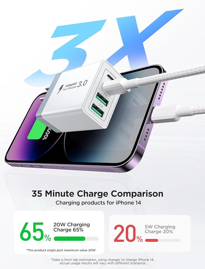 2 Pack USB C Wall Charger, 40W 4-Port USB C Fast Charger Block Dual Port QC+PD 3.0 Power Adapter, Multiport Type C Brick Charger with Lightning Cable for iPhone 14 13 12 11 Pro Max XS XR X 8 7 6 Plus