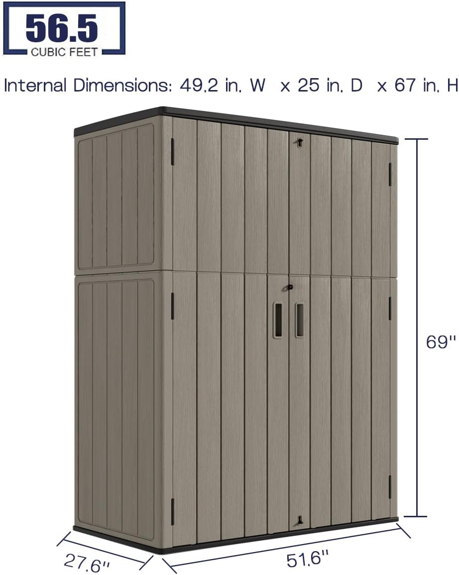 KINYING Outdoor Storage Cabinet Waterproof, 57 Cu.ft Resin Vertical Outdoor Storage Shed for Patio Furniture, Garden Tools, Pool Accessories, Mower Storage (Brown)