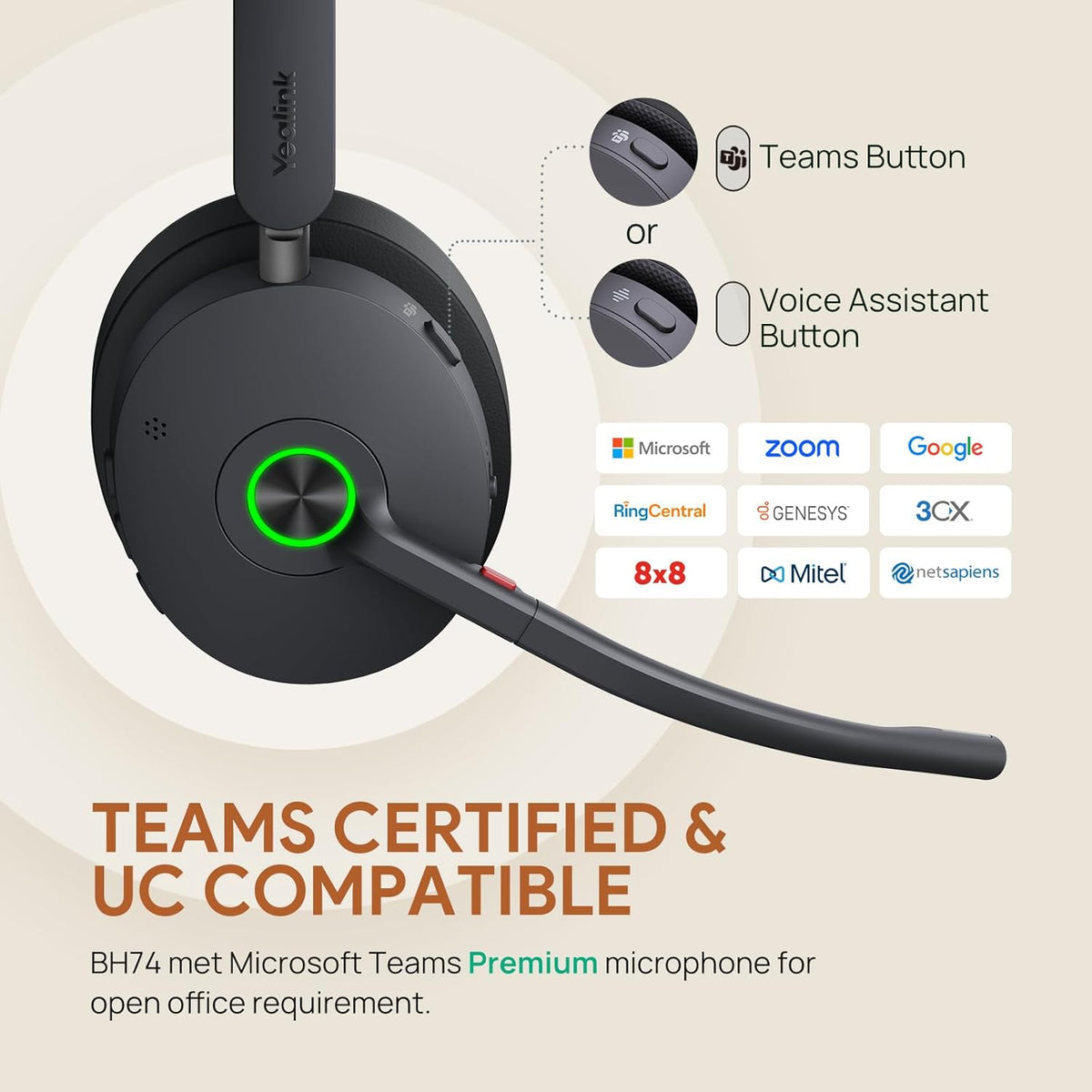 Yealink BH74 with Stand ANC Wireless Bluetooth Headset with Mic for Work, 6-mics Hybrid ANC Tech, Microsoft Teams Premium Open Ofﬁce Certified Headsets, up to 32h Talking Battery Life, Zoom Certified