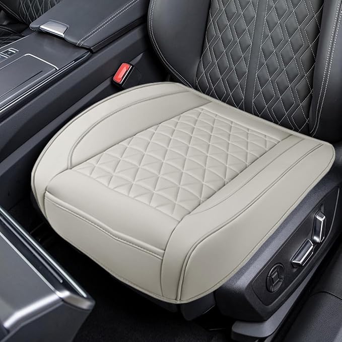 Luxury Faux Leather Car Seat Cover, Anti-Slip Waterproof Universal Front Bottom Seat Protector with Storage Pocket, Triangular Pattern Vehicle Seats Cushion for Sedans, SUVs, Trucks (Grey)