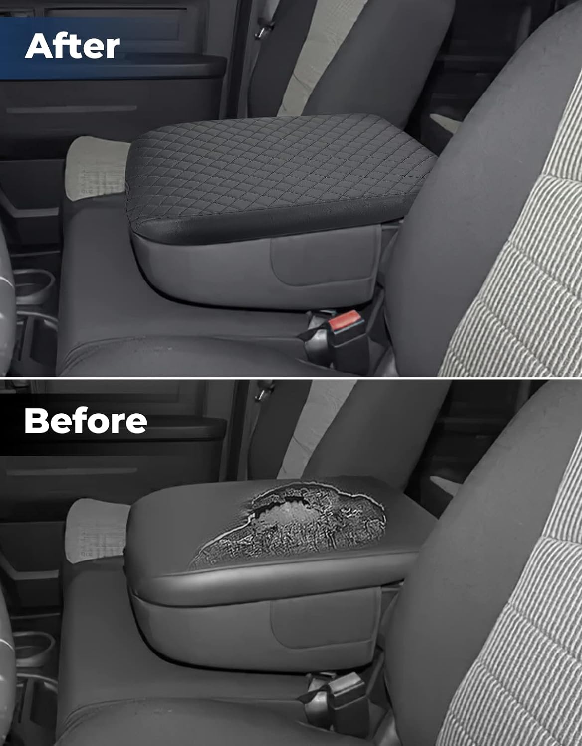 ISSYAUTO Center Console Cover Compatible with 2002-2012 Ram 1500 2500 3500 Jump Seat Console, Armrest lid Cover Leather Arm Rest Covering for Car, Well-Make Durable Middle Console Cover