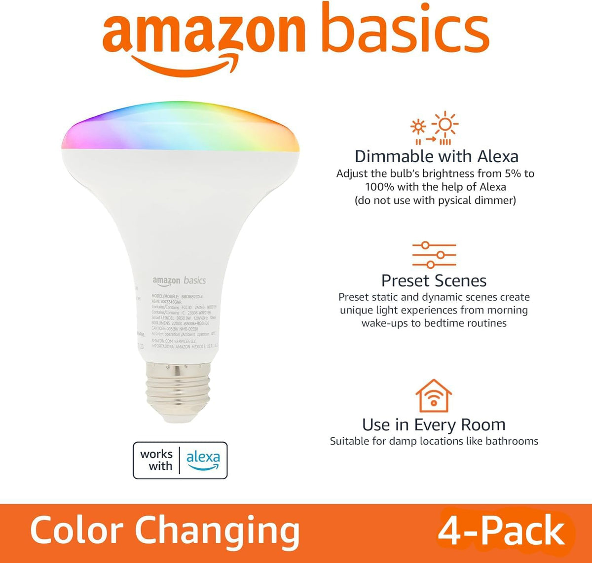 Amazon Basics Smart BR30 LED Light Bulb, Color Changing, 9W (60W Equivalent), 800LM, Works with Alexa Only, 2.4 GHz Wi-Fi, No Hub Required, 4 Pack