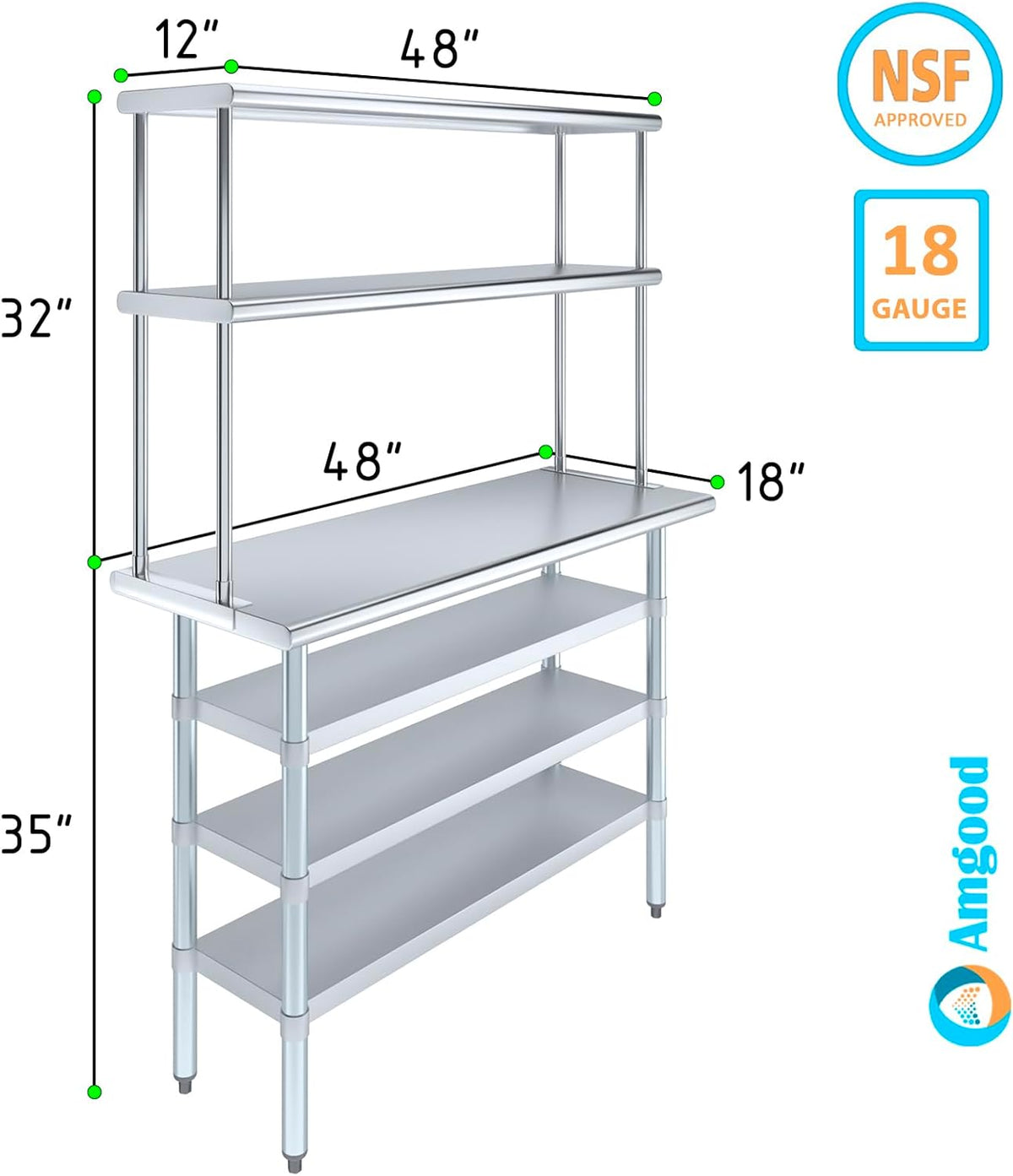 Amgood 18" x 48" Stainless Steel Work Table with 3 Shelves and 12" Wide Double Tier Overshelf | Metal Kitchen Prep Table & Shelving Combo | NSF