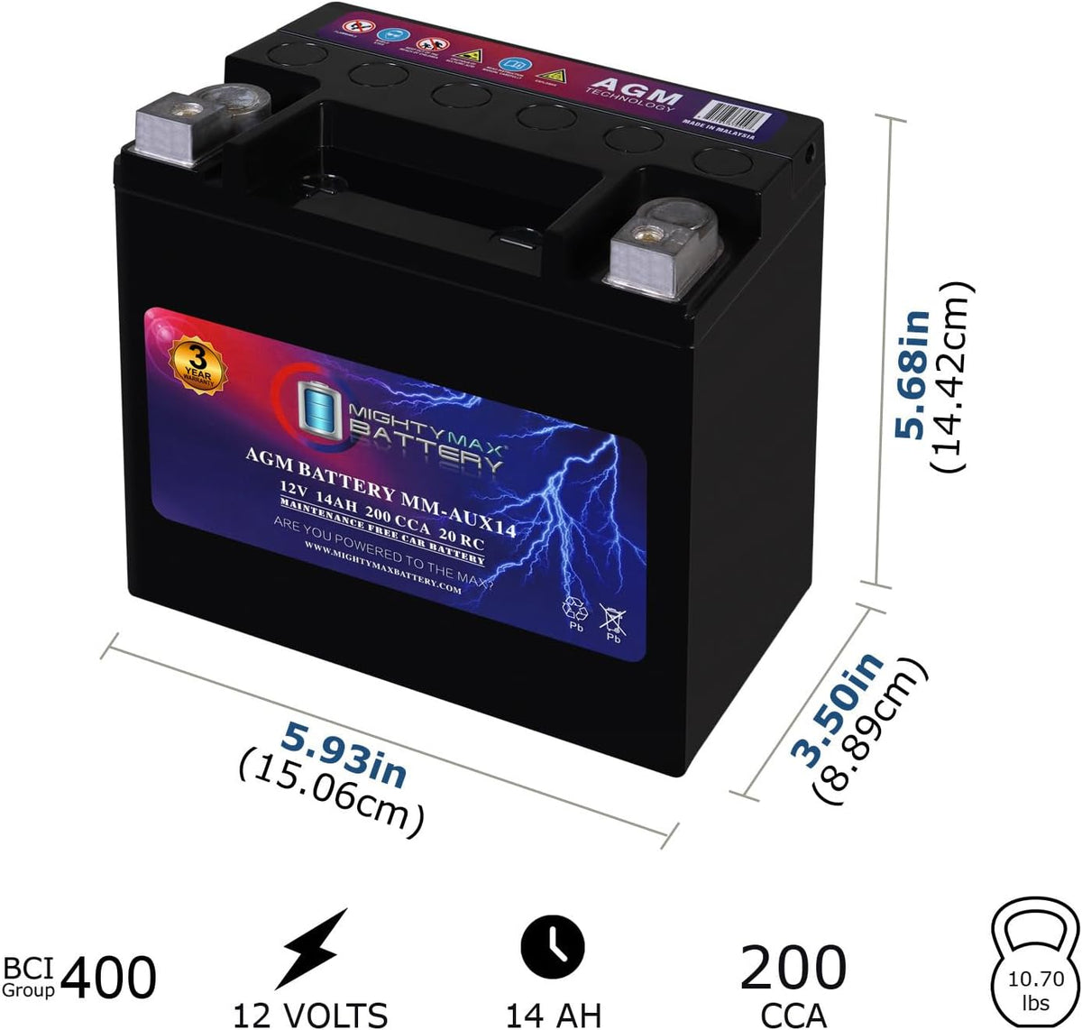 Mighty Max Battery MM-AUX14 Auxiliary Battery 12V 14Ah, 20RC, 200 CCA Rechargeable AGM Car Battery