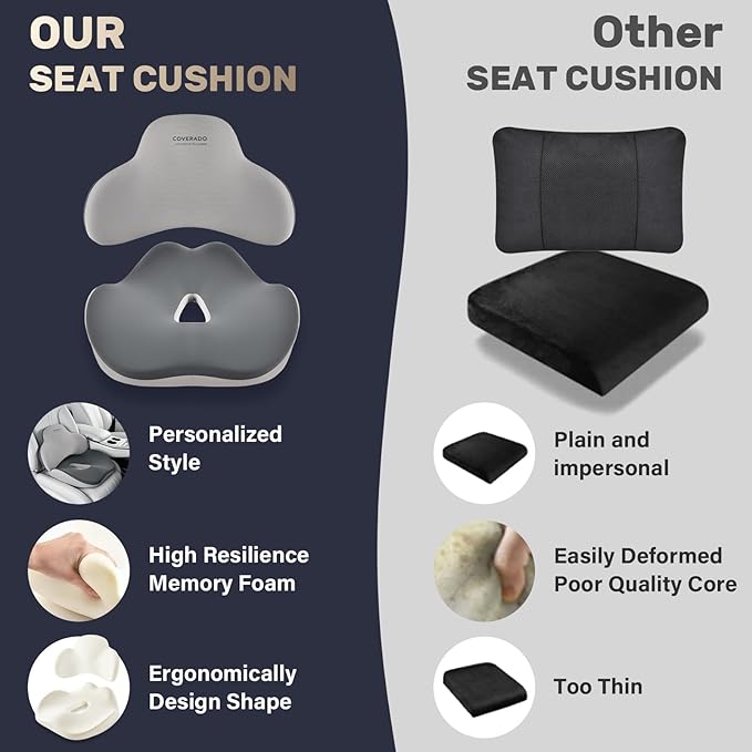 Coverado Car Seat Cushion and Lumbar Support Pillow, Memory Foam Ergonomic Back Support Driving Seat Cushion for Sciatica, Tailbone, Back Pain, Non-Slip Washable Cushion for Car, Driver, Office