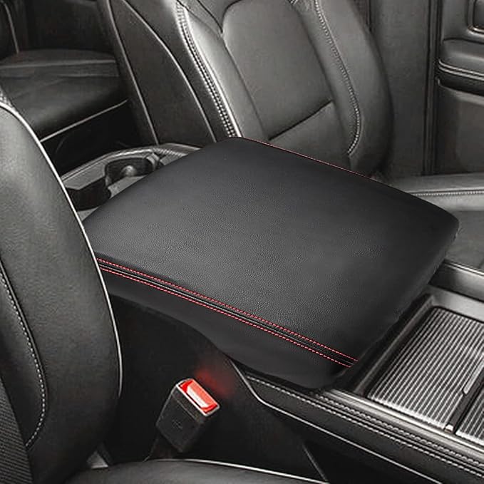 INTGET Car Center Console Armrest Cover for 2022 2023 Dodge Ram 1500 2500 3500 Accessories 2019 2020 2021 Arm Rest Box Lid Protector Pad Cushion Dog Seat Cover (Black with red Stitches)