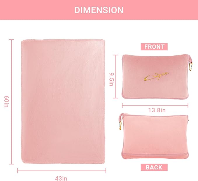 Travel Blanket & Pillow Set, 300 GSM Soft Fleece, 60x43 Inches, 3-in-1 Airplane Blanket, Travel Pillow and Blanket Set, Travel Blanket Airplane Compact with Bag, Travel Essentials, Pink