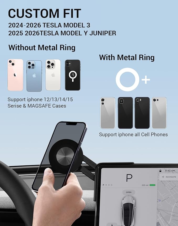 BASENOR Phone Mount for 2025 2026 Tesla Model Y Juniper Tesla Model 3 Highland [Strongest Magnet Power] Magnetic Holder 360° Adjustable Stand Accessories (Standard/Premium/Performance)