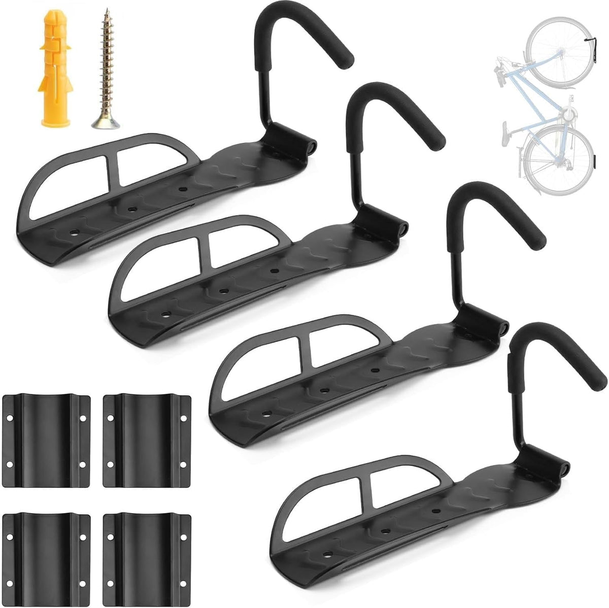 Garage Bike Rack Wall Mount, Bike Hanger Hooks, Heavy Duty Vertical Bicycle Storage System for Indoor, Mountain MTB and Road Bikes, Holds up to 65 lbs with Screws, 4 Pack