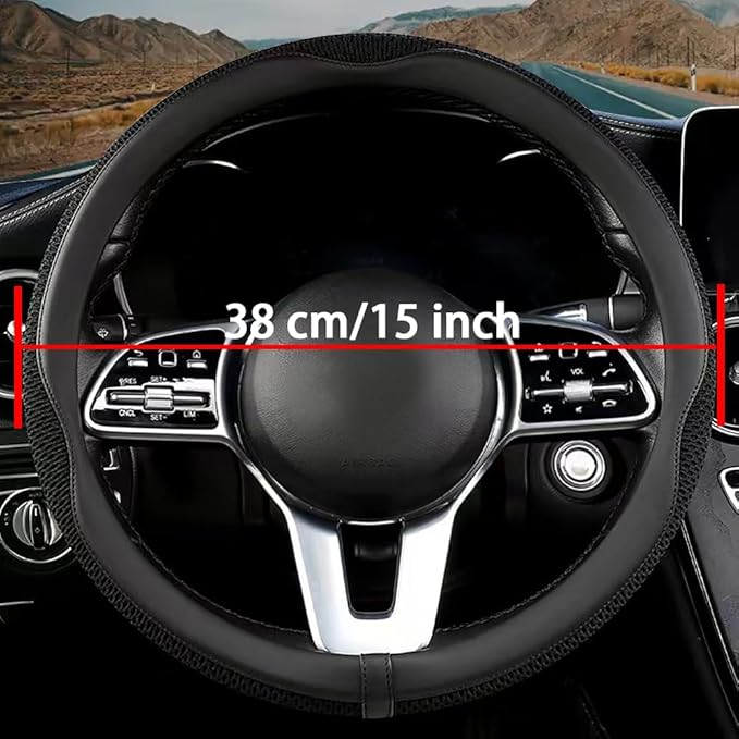 38cm Car Steering Wheel Cover, Universal 15 inch, Microfiber Breathable Ice Silk,Warm in Winter and Cool in Summer, Anti-Slip, Odorless, Easy to Install