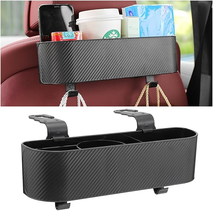BELOMI Car Headrest Backseat Organizer with Cup Holder, Seat Back Hanging Storage Box with Hooks, Multi-Functional Drink Pocket Food Snack Phone Tray for Kids, Car Travel Accessories (Black)