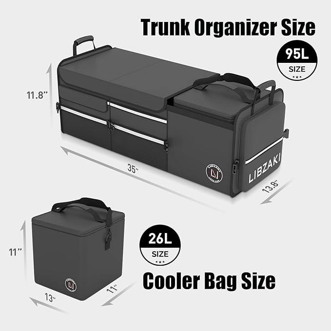 LIBZAKI Oversize 4 in 1 Car Trunk Storage Organizer, Multi Compartment Collapsible Trunk Storage Box with Cooler Bag for Car Truck SUV-Black