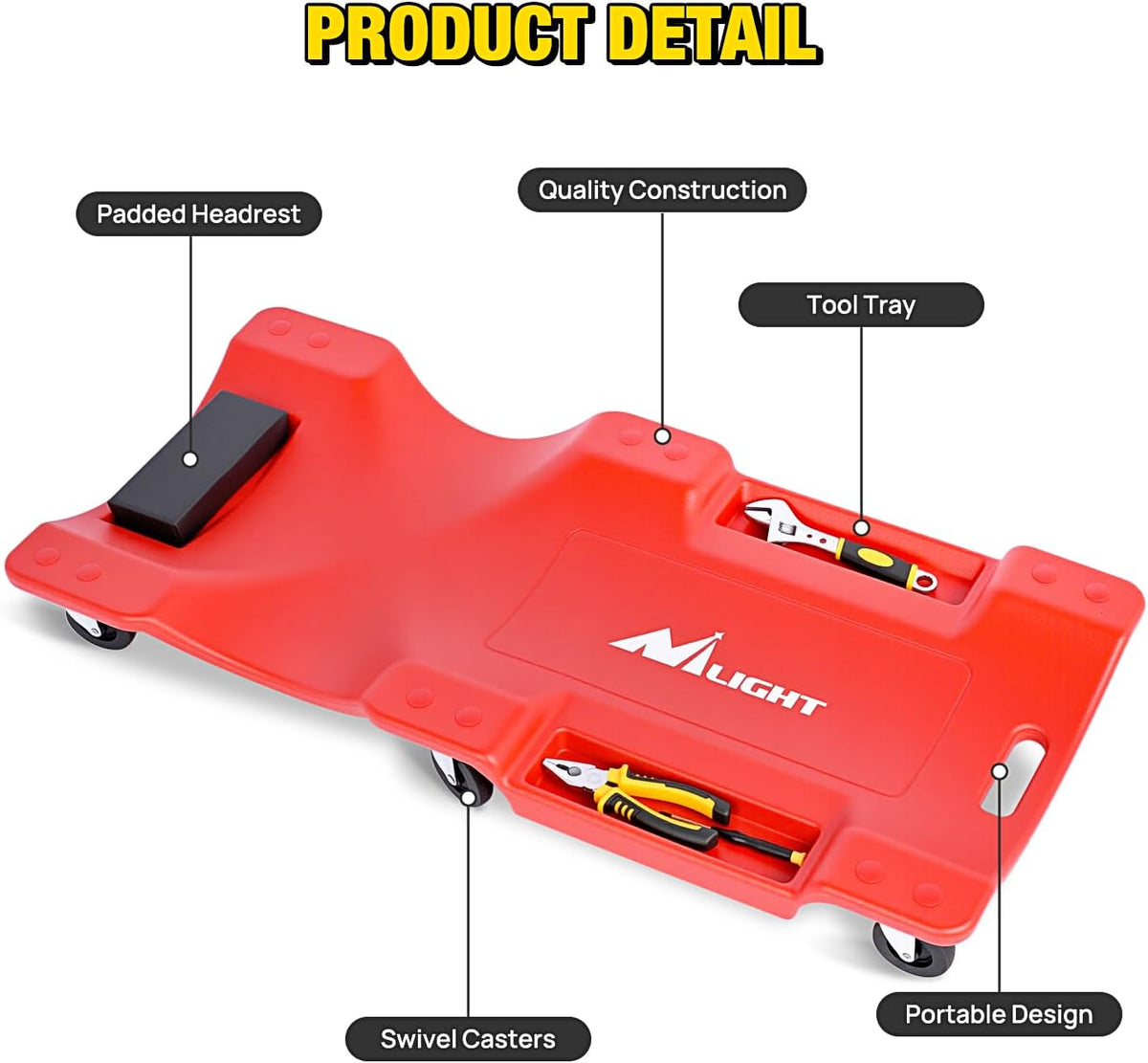 Nilight 40" Mechanic Plastic Creeper - 40 Inches Heavy Duty Shop Creeper with Padded Headrest and 6 Casters, 350 lbs Capacity, Red