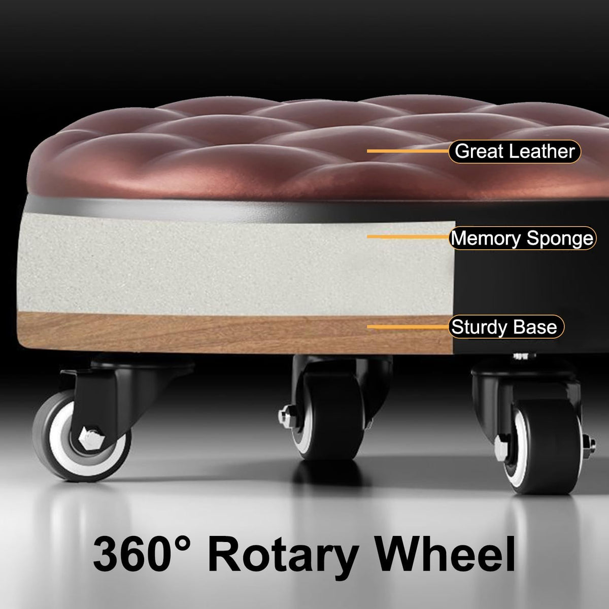 Low Roller Seat 13’’, Brown Swivel Rolling Stool with 5 Rolling Caster Wheels, PU Leather Low Seat Tool Heavy Duty for Home and Office, Modern Comfortable Wheel Stool Chair Low Height, 1Pcs