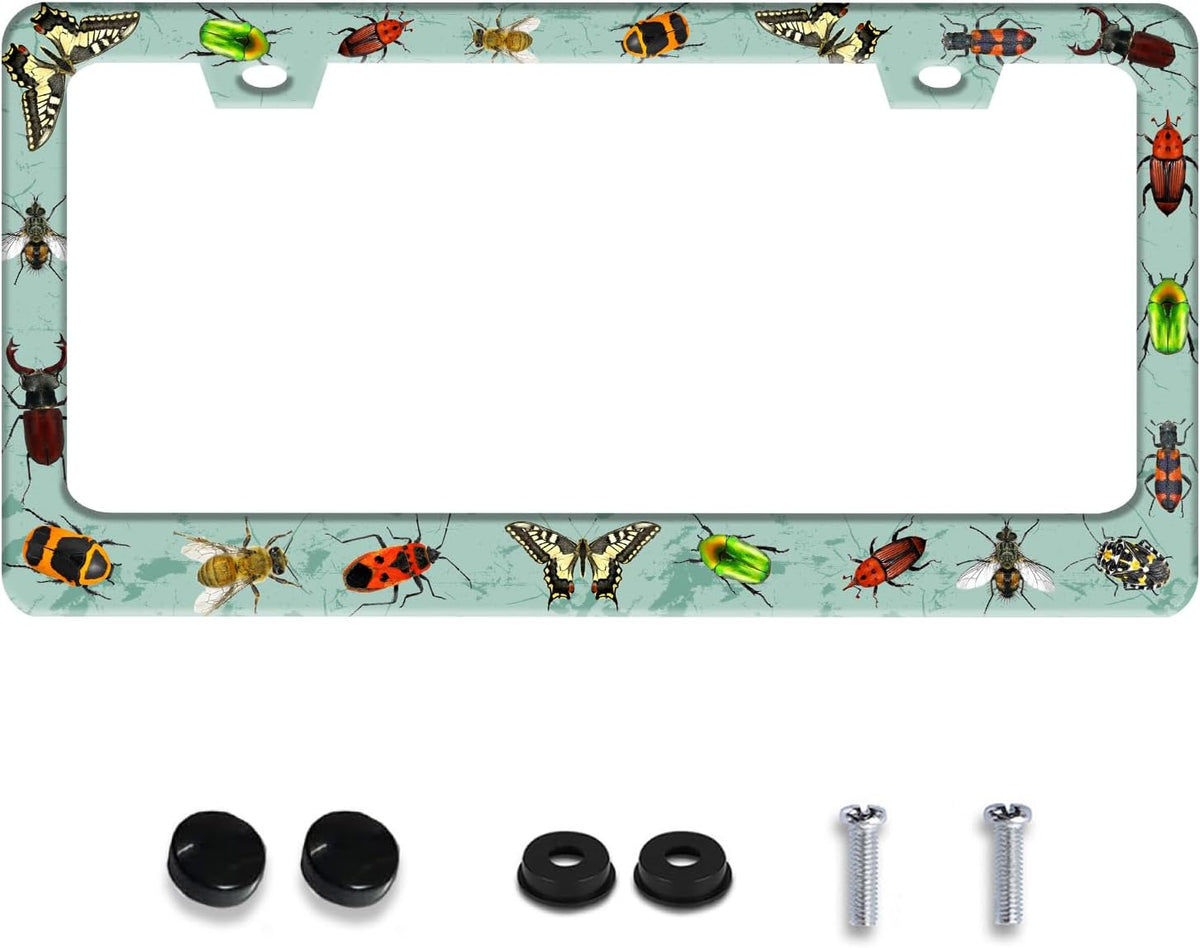 Personalized License Plate Frame Butterfly Moth Beetle Stainless Steel Accessory Animal License Plate Holder Funny Car Decorative 2 Holes Fits Us Standard License Plates 12.2 X 6.3 in for Men Women