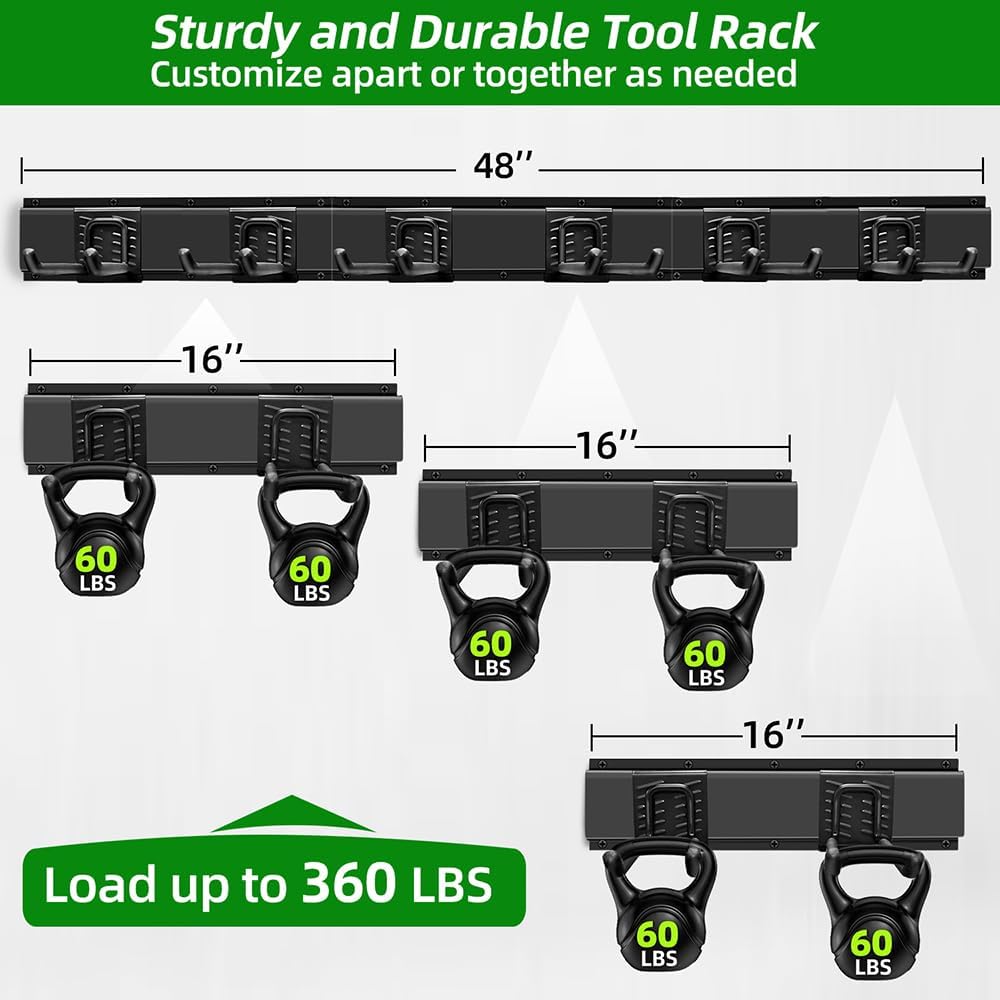 Garage Organization, Garage Wall Organizer with 48 inches Rails and 6 Hooks, Tool Organizers Heavy Duty, Shovel Holder Wall Mount Max Load 360 LBS, Sturdy Garden Tool Rack for Folding Chairs