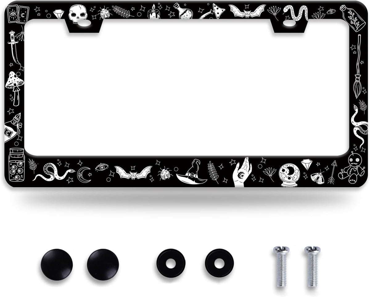 Witch License Plate Frame Gothic Magical License Plate Frames for Car Decorative Parts Stainless Stee License Plate for Standard Us Canada Funny License Plate Holder 12x6 Inch