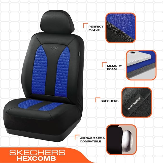 Skechers Memory Foam™ Car Seat Cover Full Sets, Hexcomb Breathable Thick Seat Covers, Airbag Compatible, Automotive Comfort & Protection for Most Cars,Van,Trucks, SUVs (Blue,Full Set)