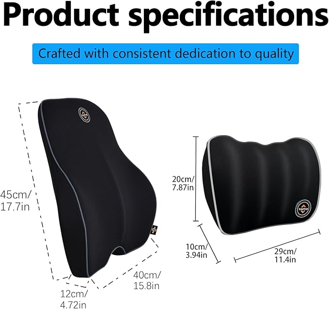 Lumbar & Neck Pillow Set, Car Headrest & Lumbar Support Cushion - Memory foam for pain relief, Ideal for Long Sitting, Travel, Driving, Office, Gaming Chair-Easy to Attach, detachable washable